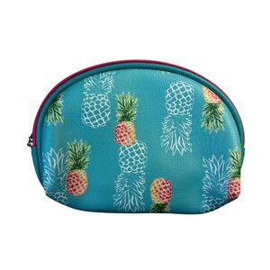 Tropical Pineapple Print Teal Blue Faux Leather Cosmetic Makeup Travel Bag Pouch